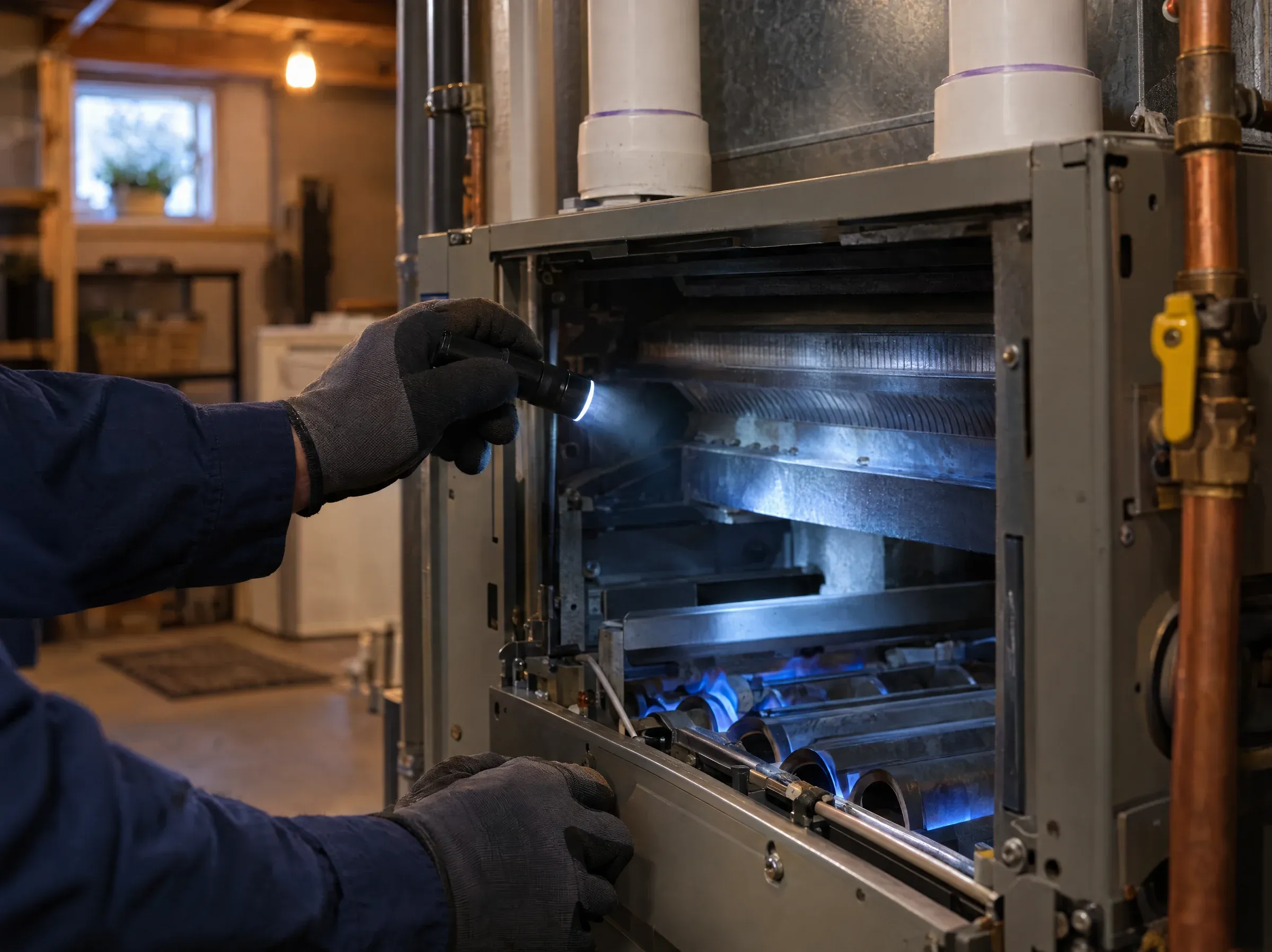 Technician inspecting the burner compartment of a gas furnace with a flashlight during a tune-up