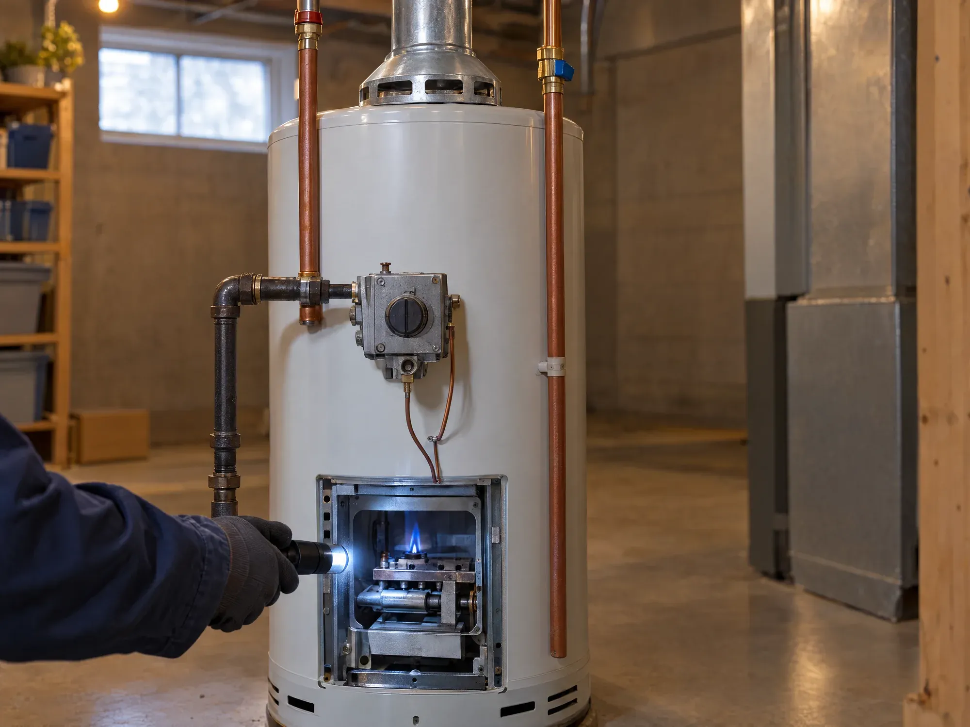 Technician inspecting the burner compartment of a gas hot water storage tank with a flashlight
