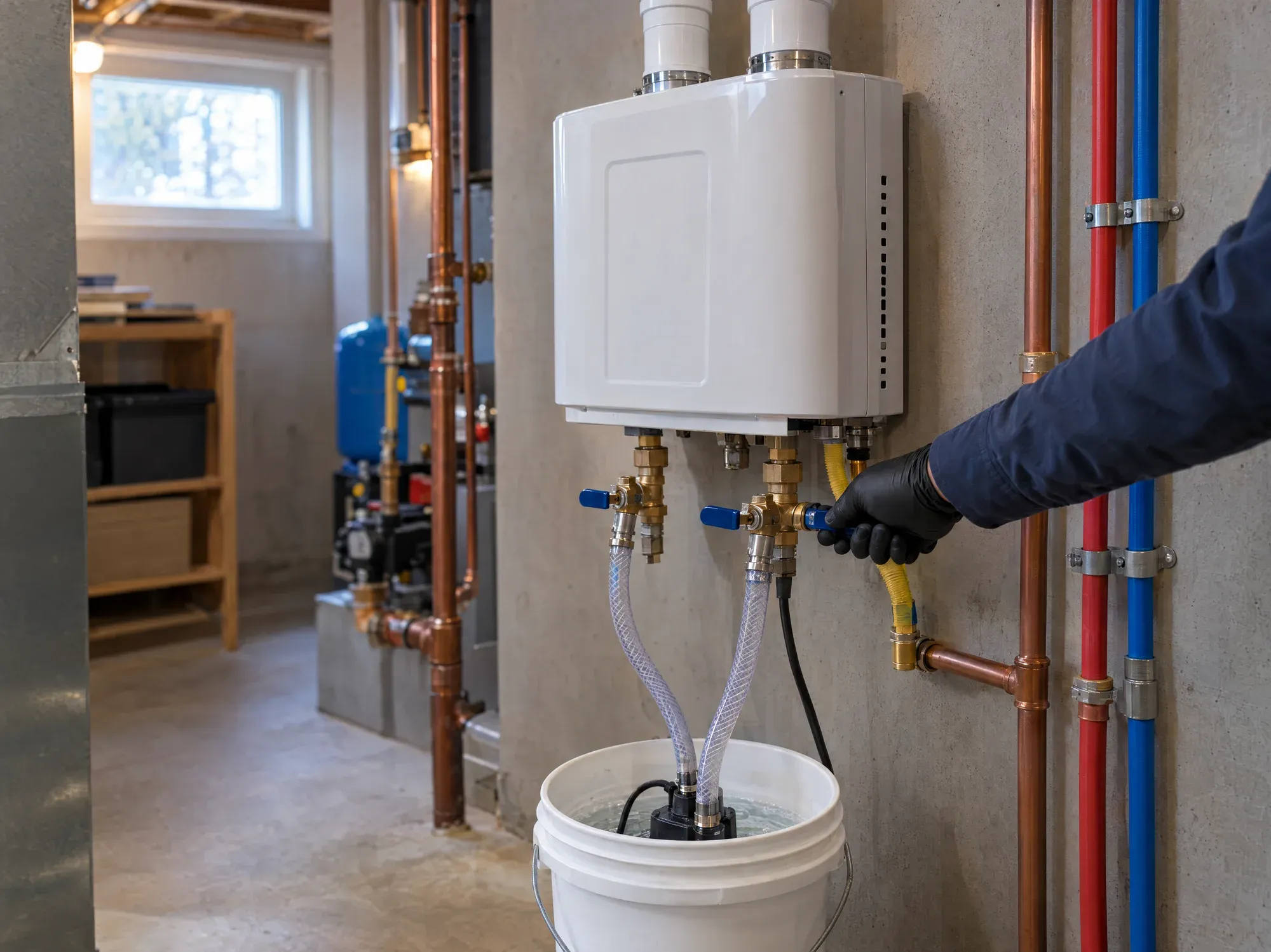 Technician opening the service-port valves of a wall-mounted tankless water heater during a descaling flush